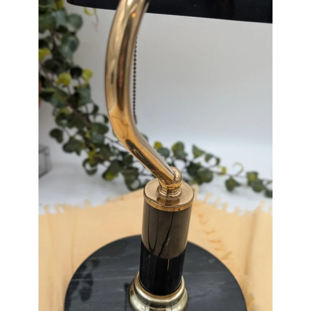 Vtg Black Bankers Desk  Lamp, Heavy Marble Base & Shaft Pull Chain Library